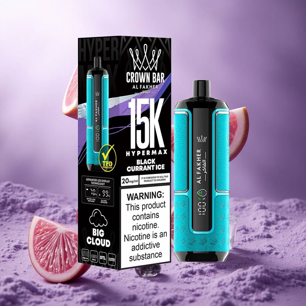 Al Fakher Crown Bar 15K Hypermax Blackcurrant Ice Singapore Wholesale 22ml E-Liquid Capacity Up to 15,000 Puffs