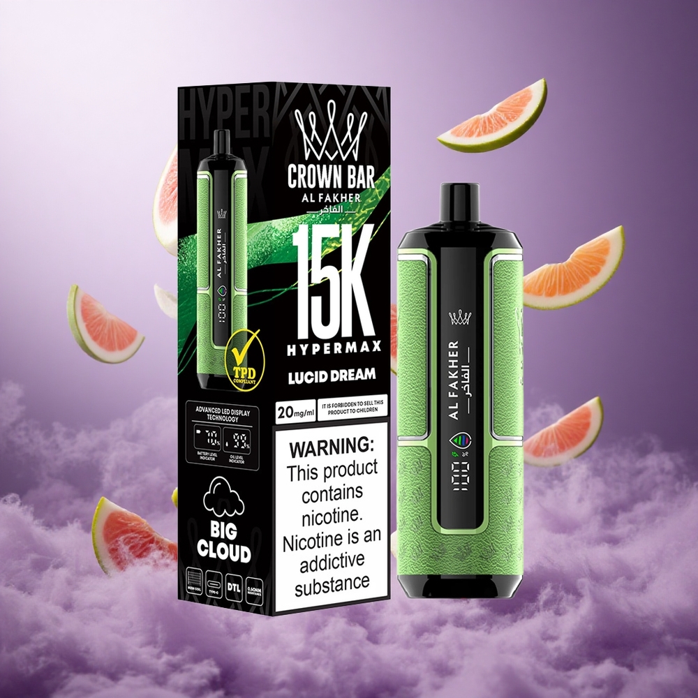 Al Fakher Crown Bar 15K Hypermax Disposable Vape Kit Lucid Dream Singapore Wholesale 22ml E-Liquid Capacity Up to 15,000 Puffs