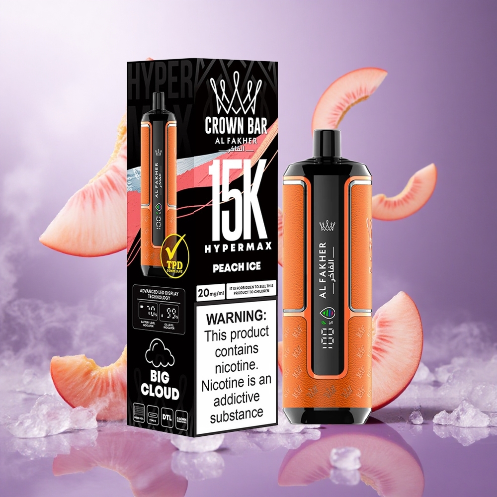 Al Fakher Crown Bar 15K Hypermax Peach Ice Singapore Wholesale 22ml E-Liquid Capacity 600mAh Battery