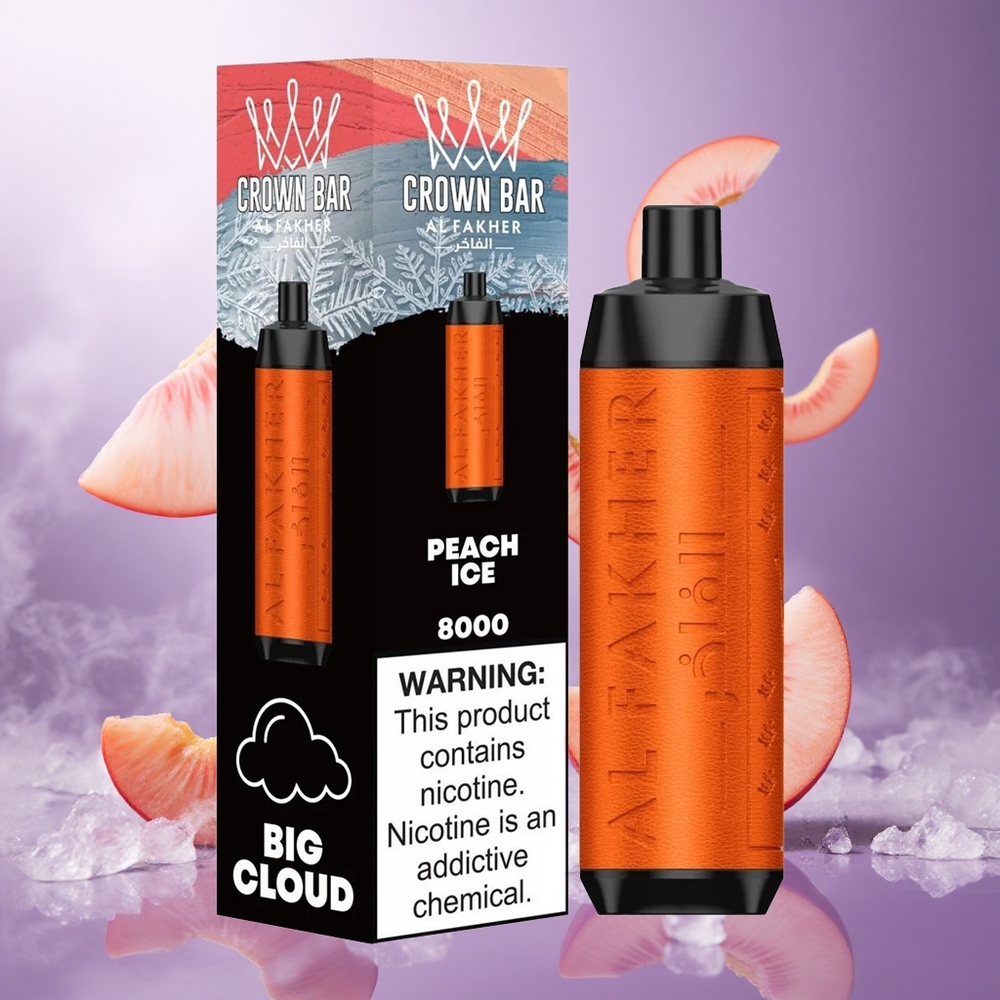 Al Fakher Crown Bar 8000 Crystal Disposable Vape Peach Ice Singapore Wholesale 18ml e-Liquid Capacity Up To 8000 Puffs