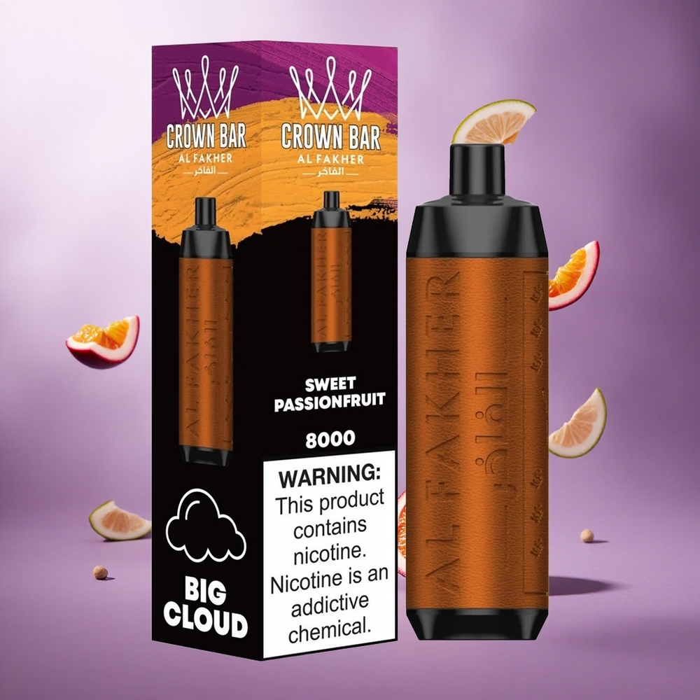 Al Fakher Crown Bar 8000 Puffs Sweet Passionfruit Singapore Wholesale 18ml e-Liquid Capacity 5mg Nicotine Contain
