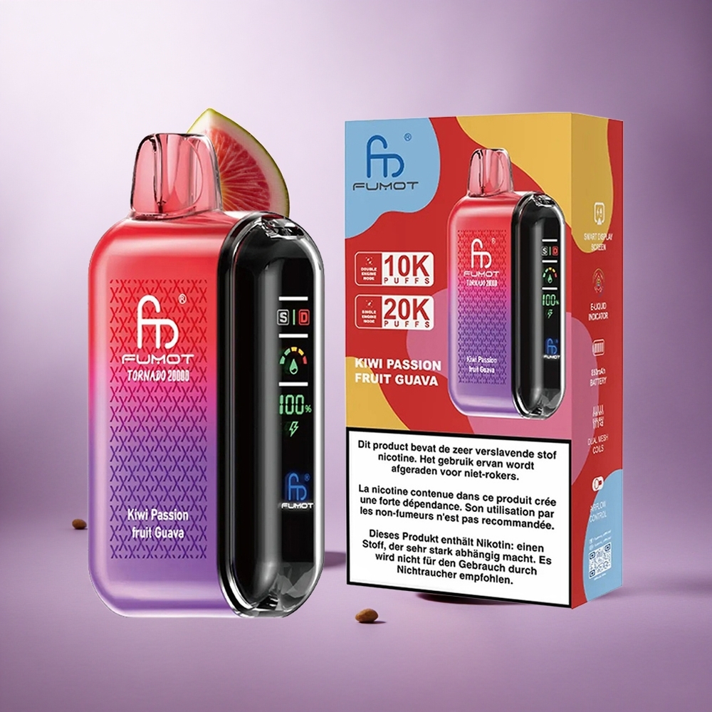 Fumot Tornado 20000 Puffs Kiwi Passion Fruit Guava Singapore Wholesale 20ml E-liquid Capacity 850mAh Rechargeable Battery