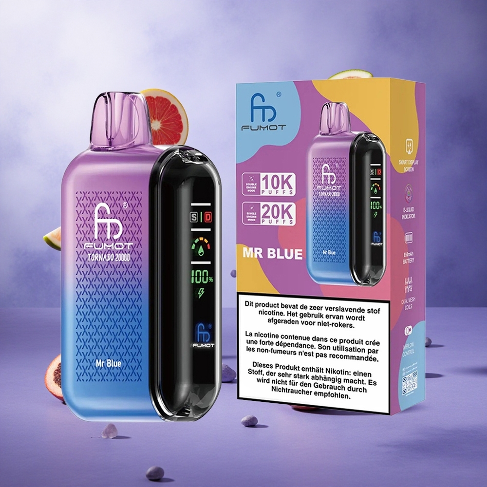 Fumot Tornado 20000 Puffs Mr Blue Singapore Wholesale Dual Mesh Coil 20ml E-liquid Capacity