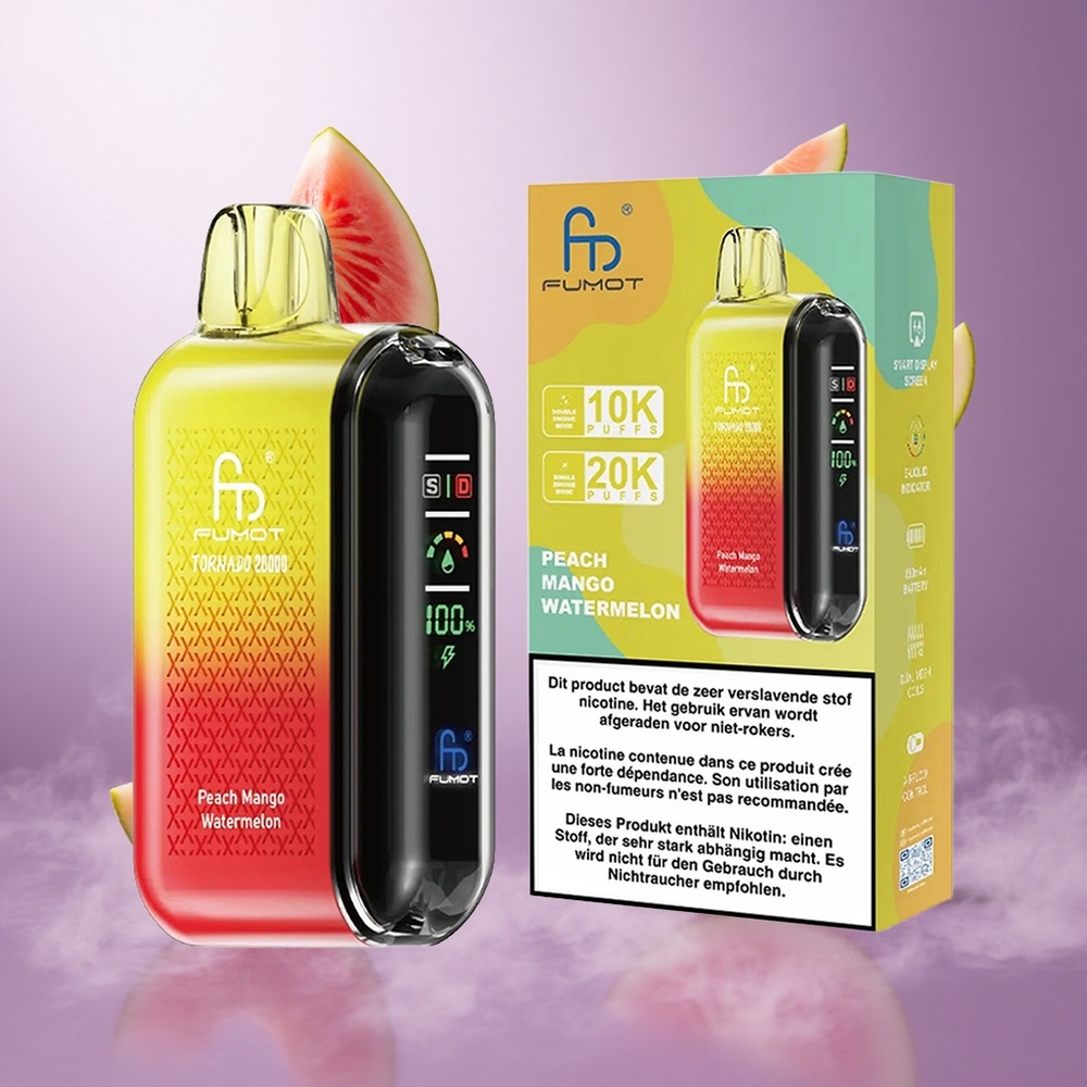 Fumot Tornado 20000 Puffs Peach Mango Watermelon Singapore Wholesale Dual Mesh Coil 20ml E-liquid Capacity