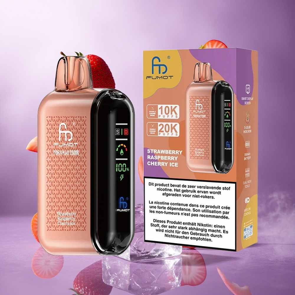 Fumot Tornado 20000 Puffs Strawberry Raspberry Cherry Ice Singapore Wholesale Dual Mesh Coil 20ml E-liquid Capacity
