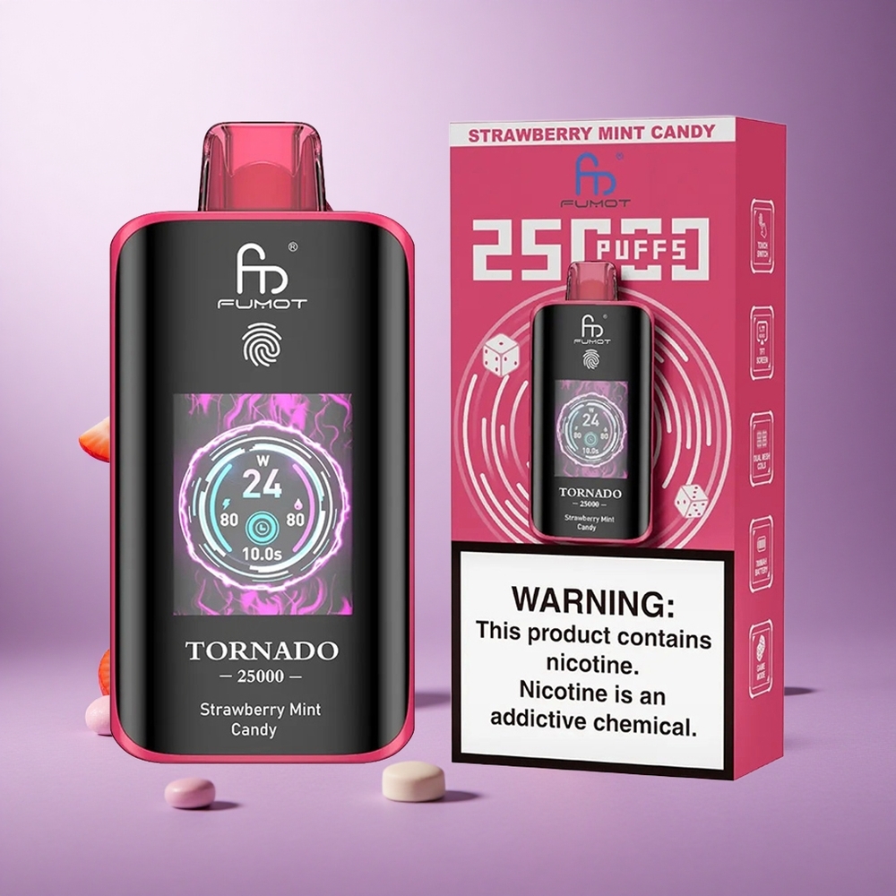 Fumot Tornado 25000 Puffs Strawberry Mint Candy Singapore Wholesale 700mAh Rechargeable Battery 20ml Pre-filled E-liquid