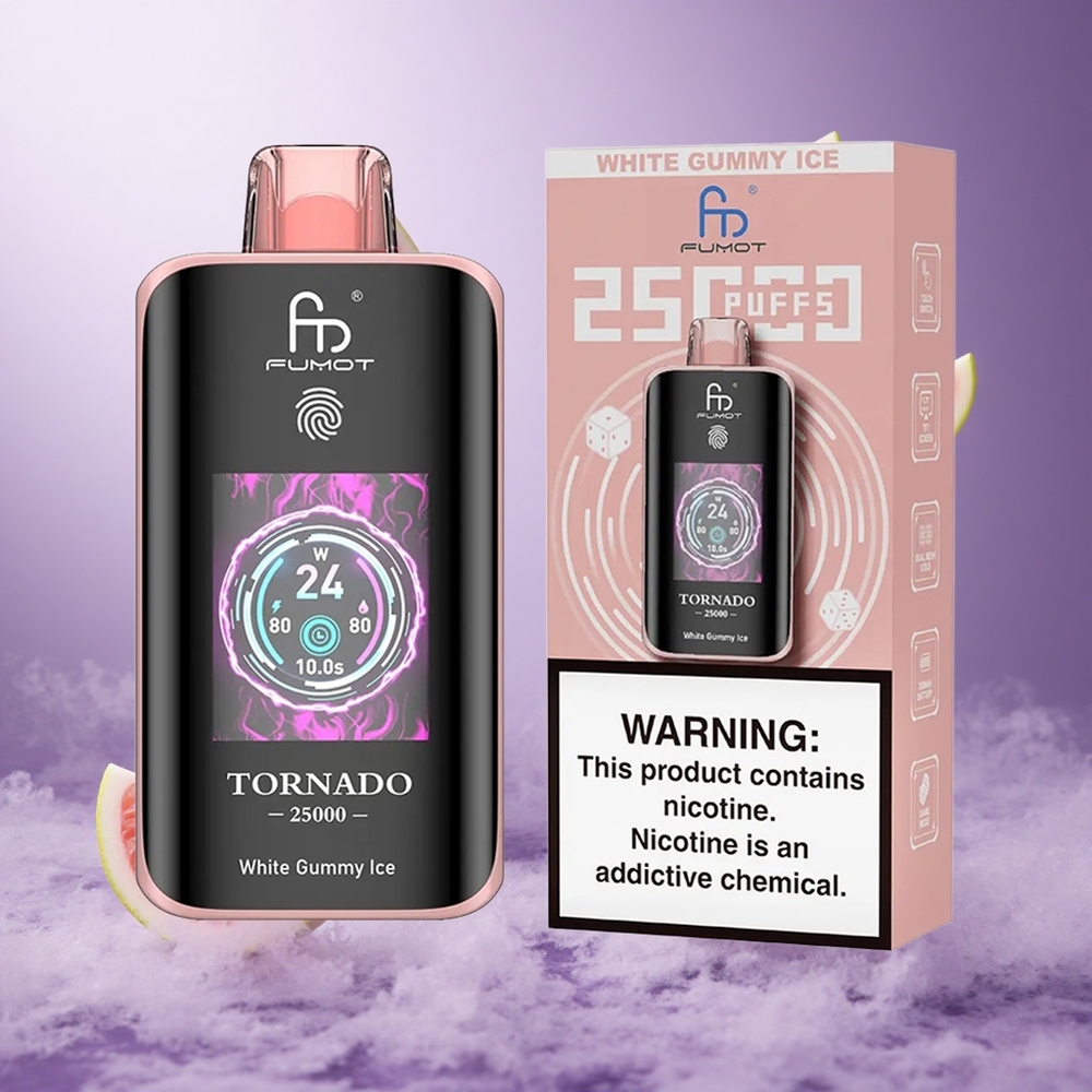 Fumot Tornado 25000 Puffs White Gummy Ice Singapore Wholesale 700mAh Rechargeable Battery 20ml Pre-filled E-liquid